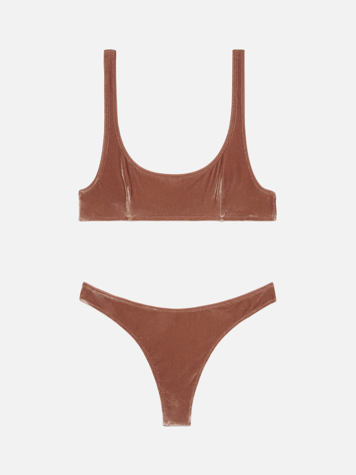 Naomi camel brown velvet cheeky swim briefs - Naima camel brown velvet classic bralette top
