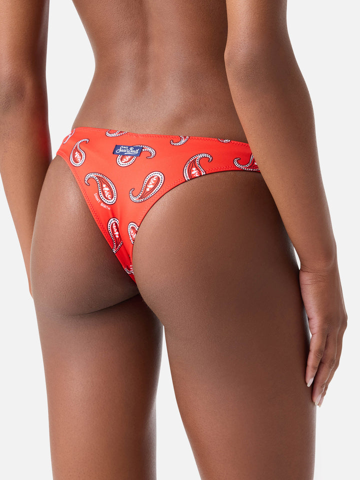 Red Naomi cheeky swim briefs with paisley print