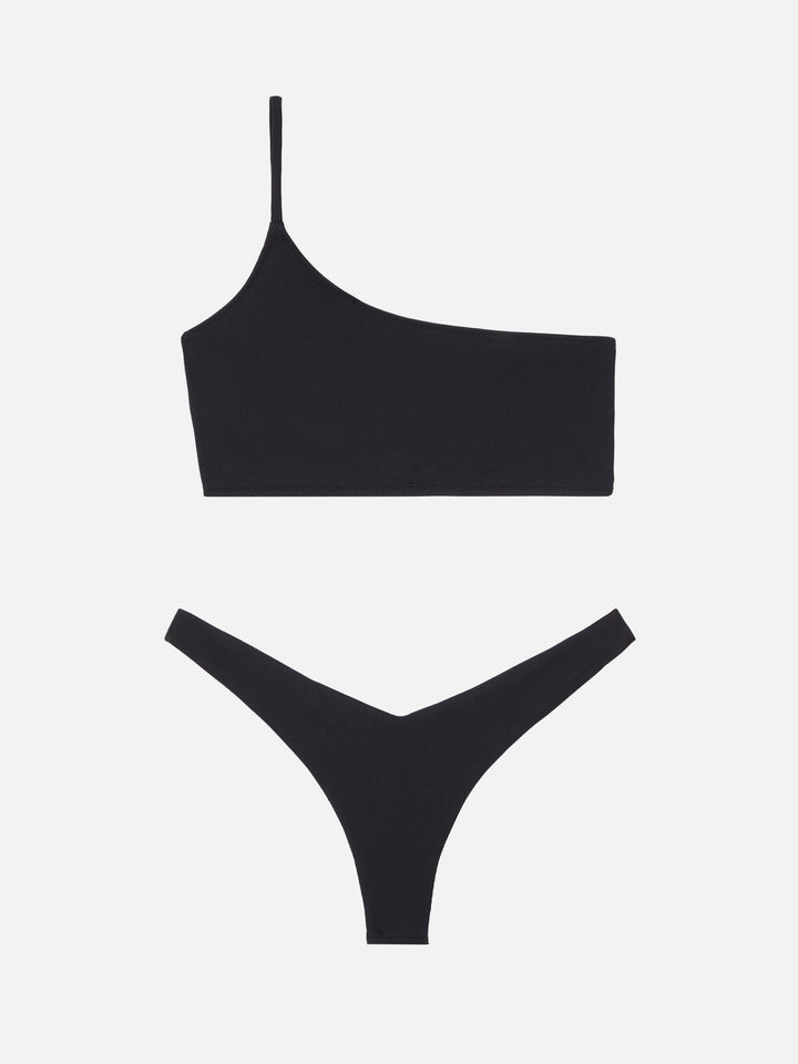 Bikini a bralette monospalla Macy Naomi a costine nero