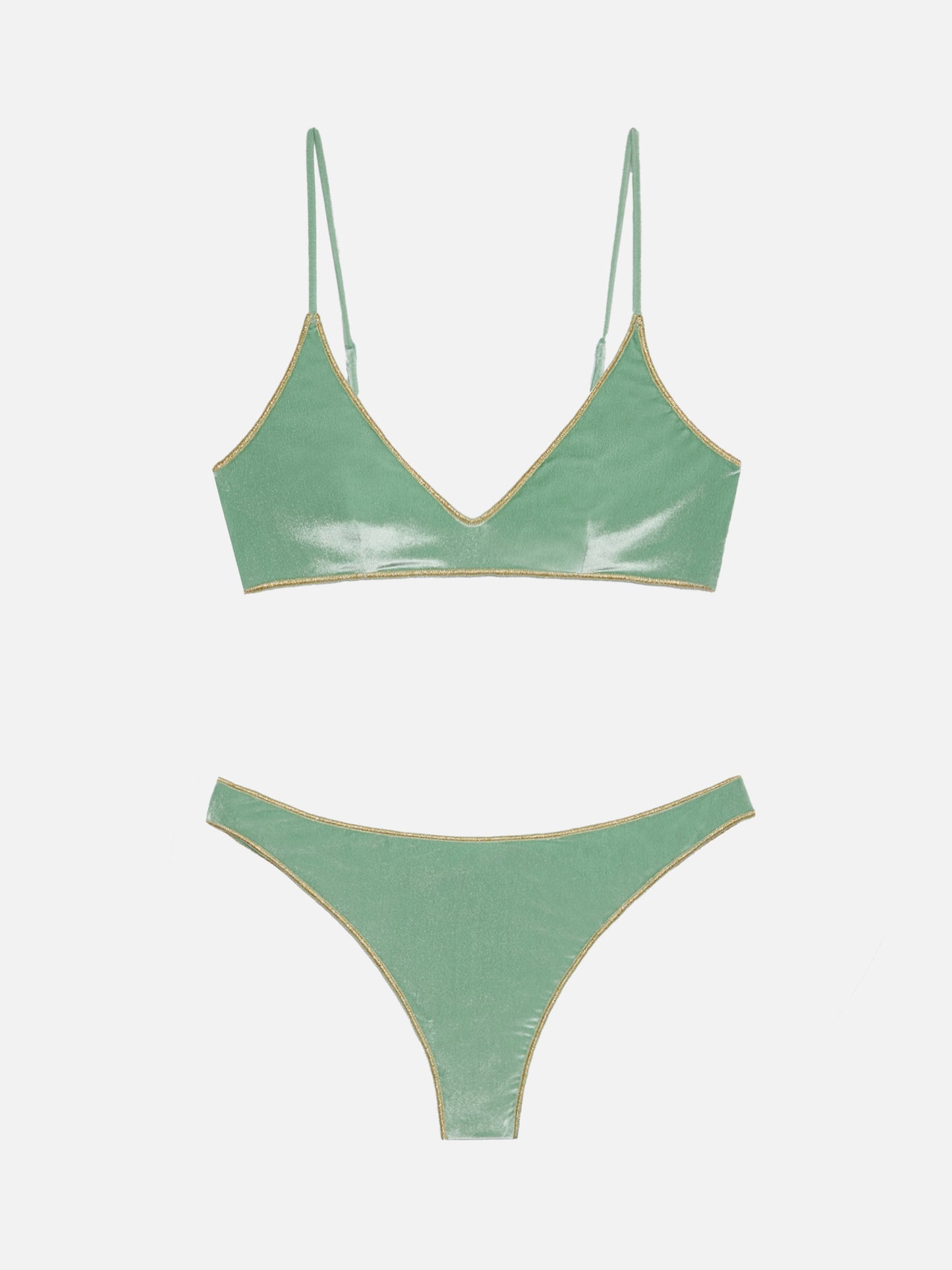 Naomi sage green velvet cheeky swim briefs with gold piping - Paloma sage green velvet scoop bralette