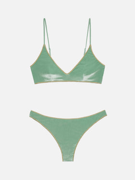 Naomi sage green velvet cheeky swim briefs with gold piping - Paloma sage green velvet scoop bralette