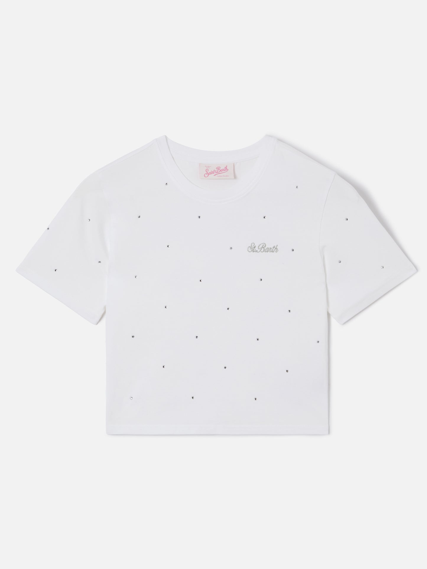 White cotton Nives T-shirt with all-over rhinestones