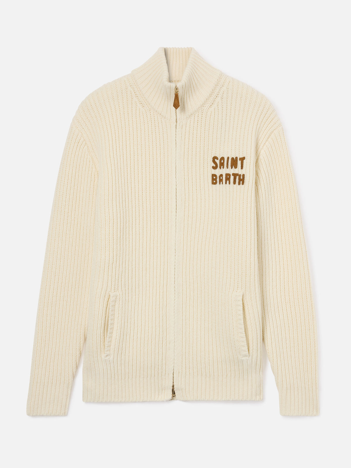 Prenda de punto con cremallera completa en mezcla de lana Off white Noire con bordado del logotipo 