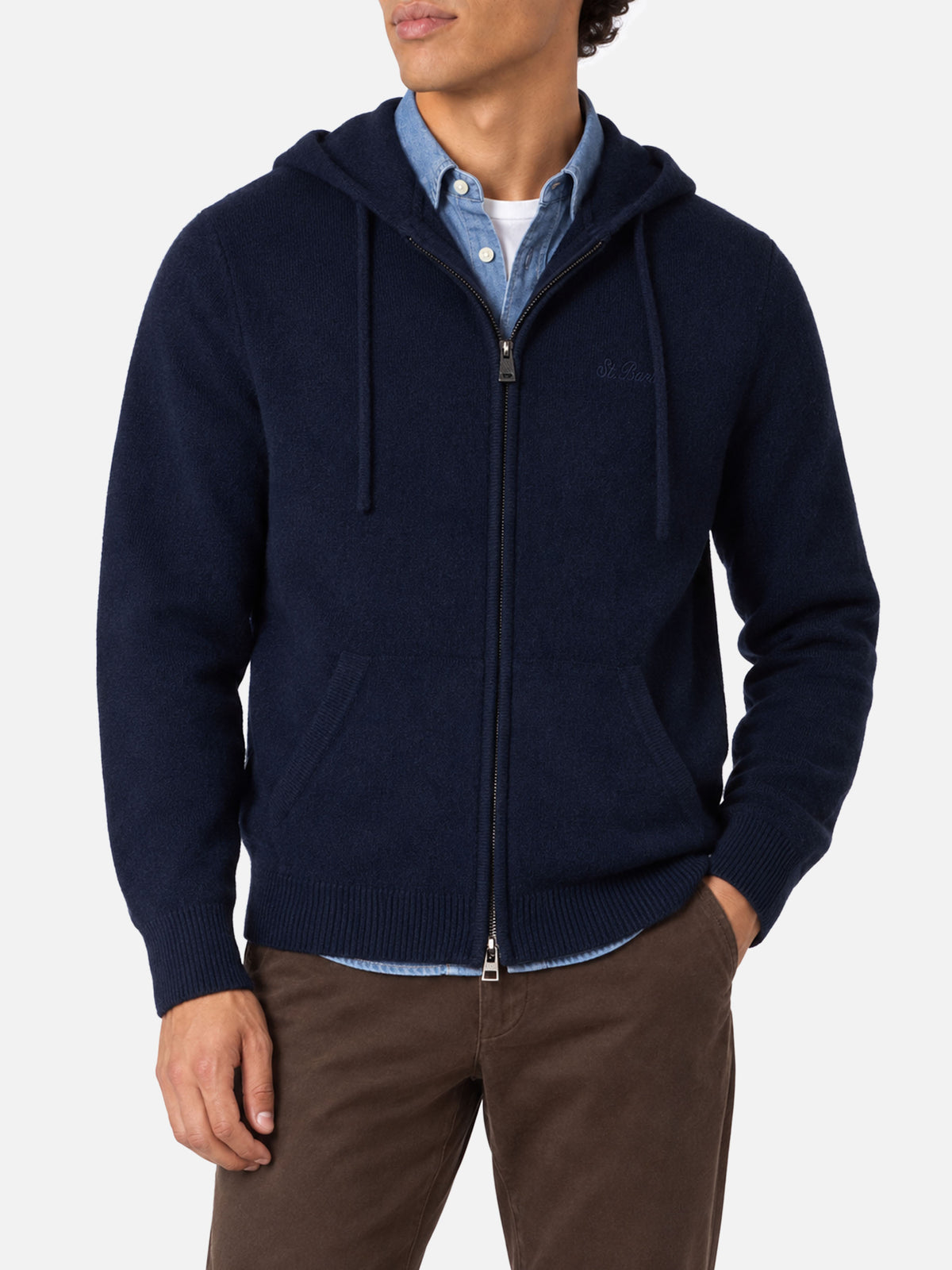 Navy blue Notting lambswool hooded full zip sweater