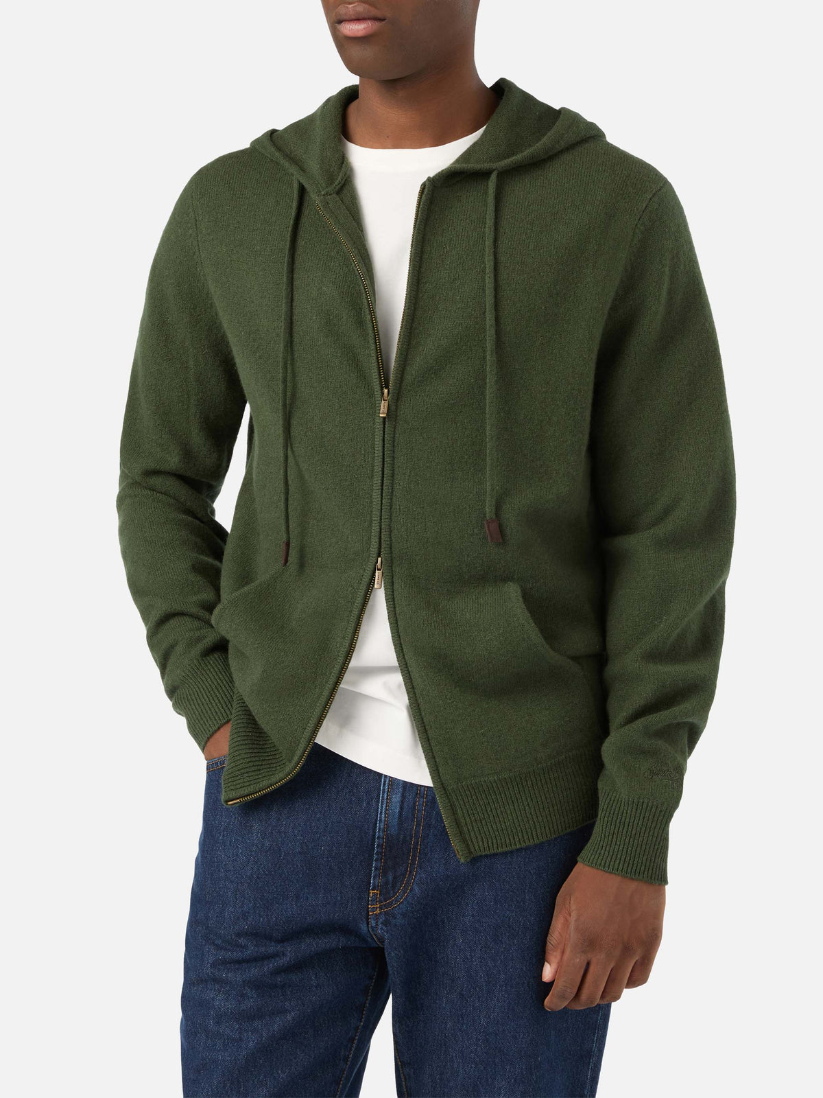 Punto con capucha Notting en lana de cordero verde militar con cremallera completa 