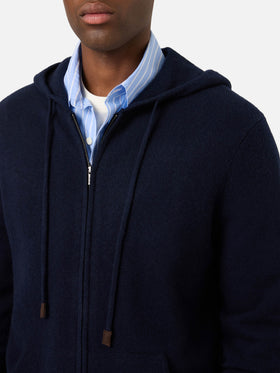 Maille à capuche en laine d’agneau Notting Navy blue avec zip intégral 
