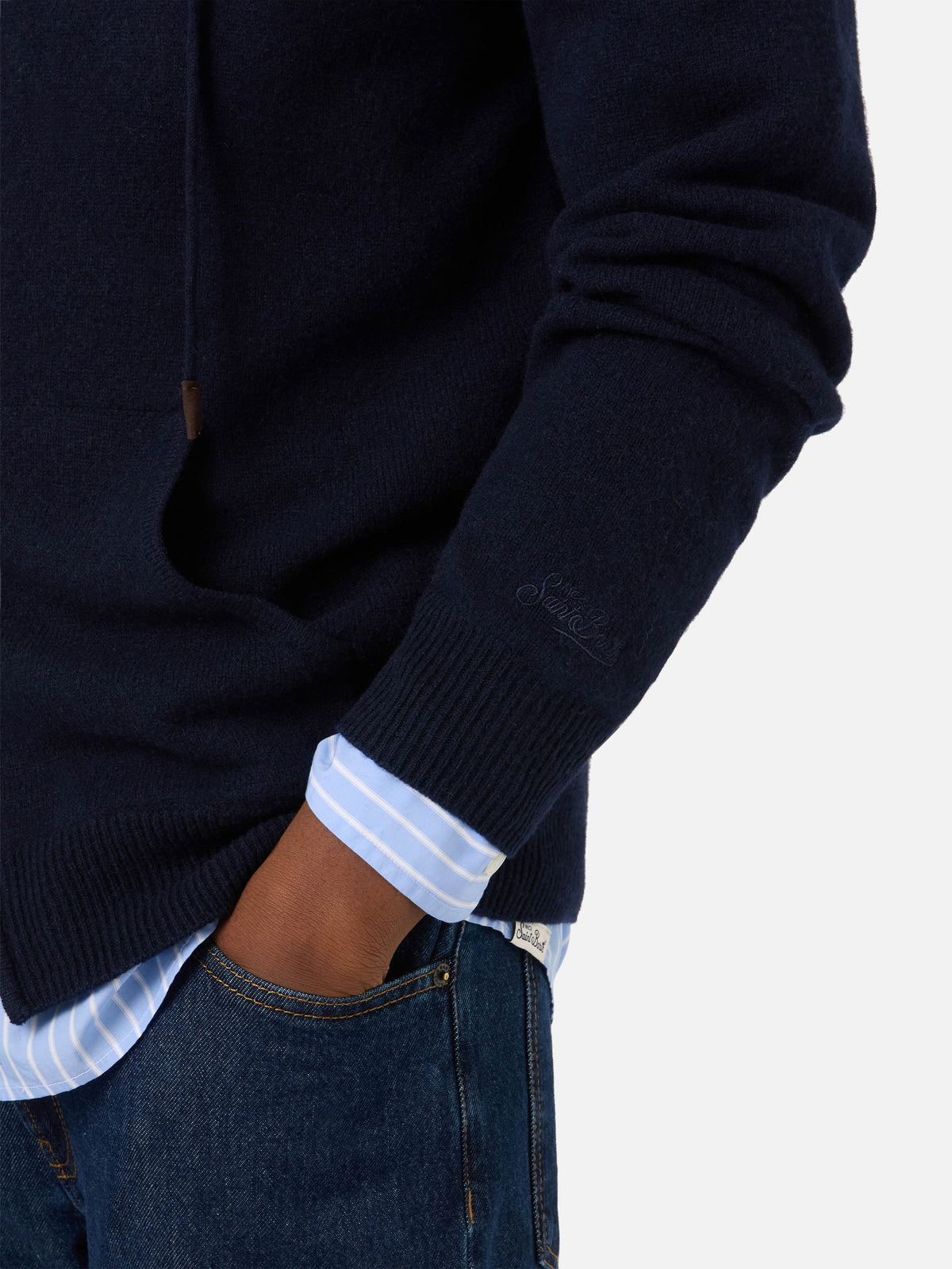 Maille à capuche en laine d’agneau Notting Navy blue avec zip intégral 