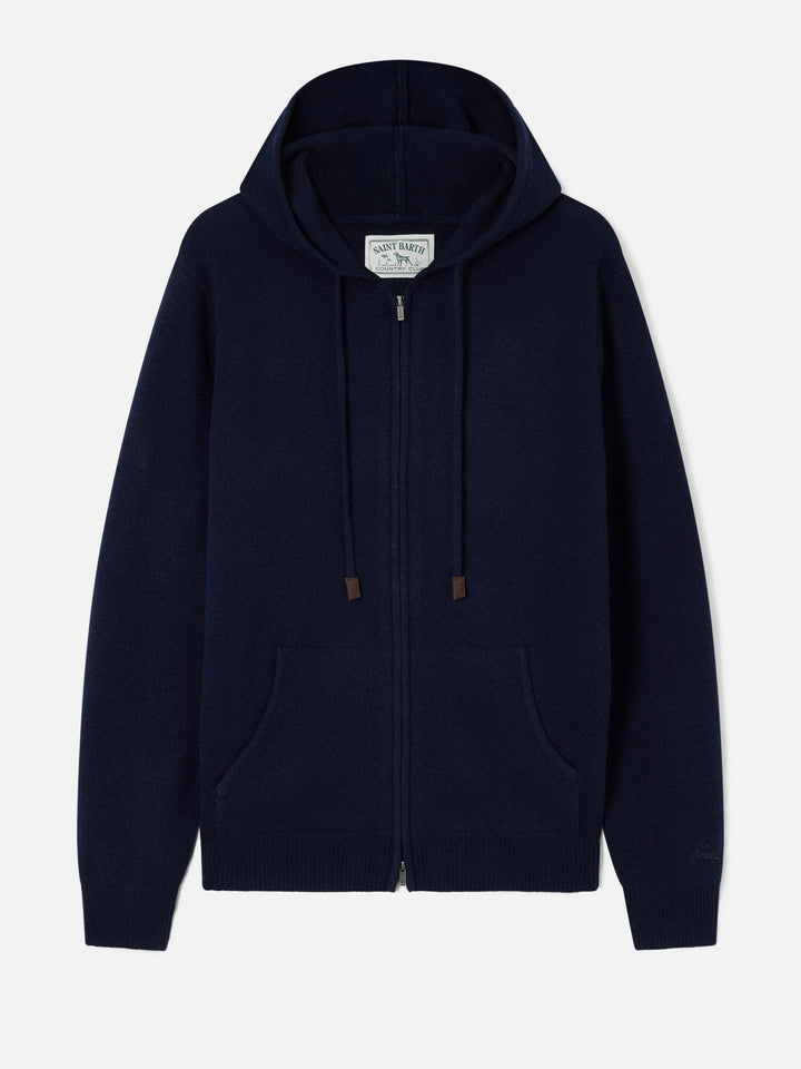 Maille à capuche en laine d’agneau Notting Navy blue avec zip intégral 