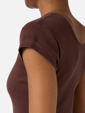 Long Olimpia dress in brown ribbed stretch cotton fabric