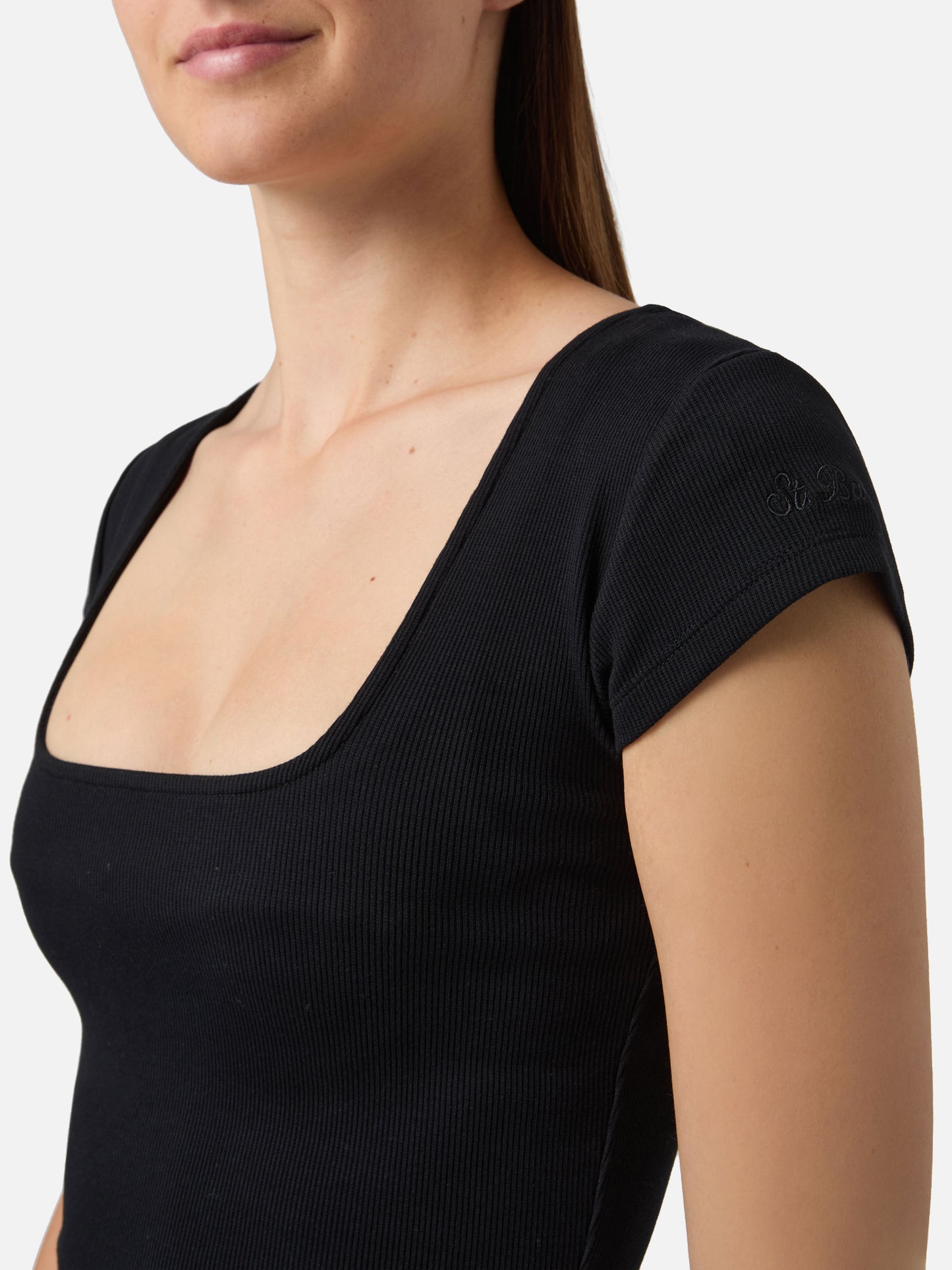 Long Olimpia dress in black ribbed stretch cotton fabric