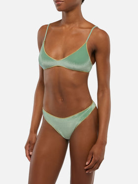 Naomi sage green velvet cheeky swim briefs with gold piping - Paloma sage green velvet scoop bralette