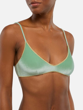 Naomi sage green velvet cheeky swim briefs with gold piping - Paloma sage green velvet scoop bralette