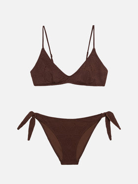 Paloma Yali plunging bralette bikini in brown sangallo lace