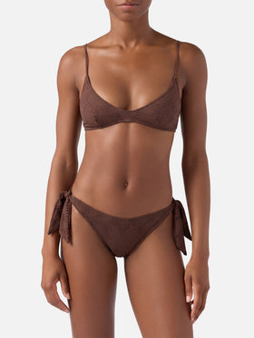 Paloma Yali plunging bralette bikini in brown sangallo lace