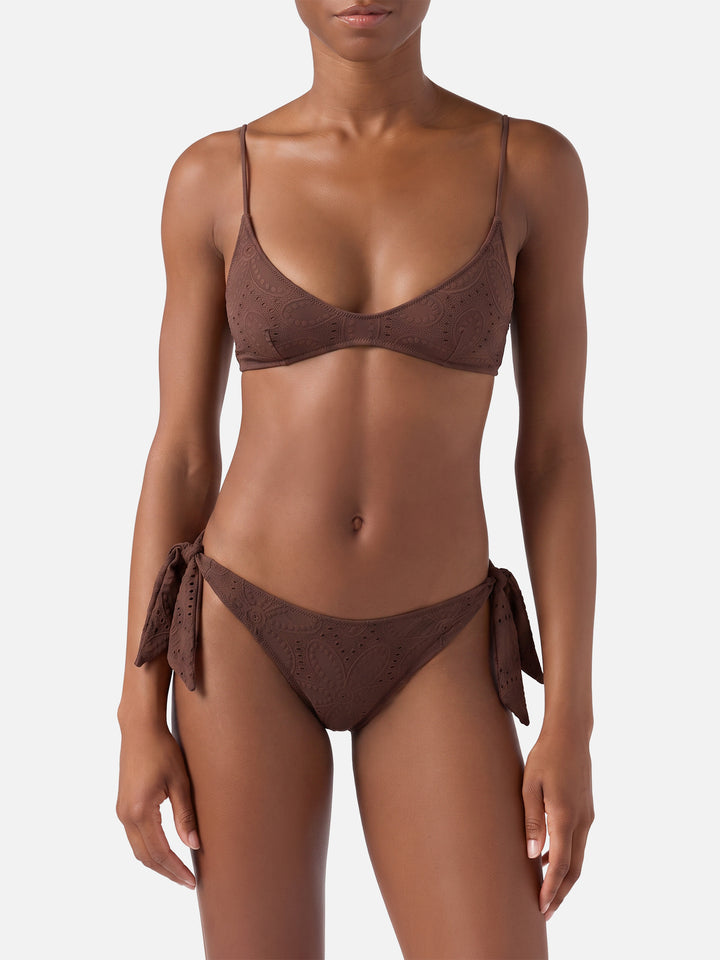 Bikini bralette Paloma Yali à décolleté plongeant en dentelle sangallo marron 