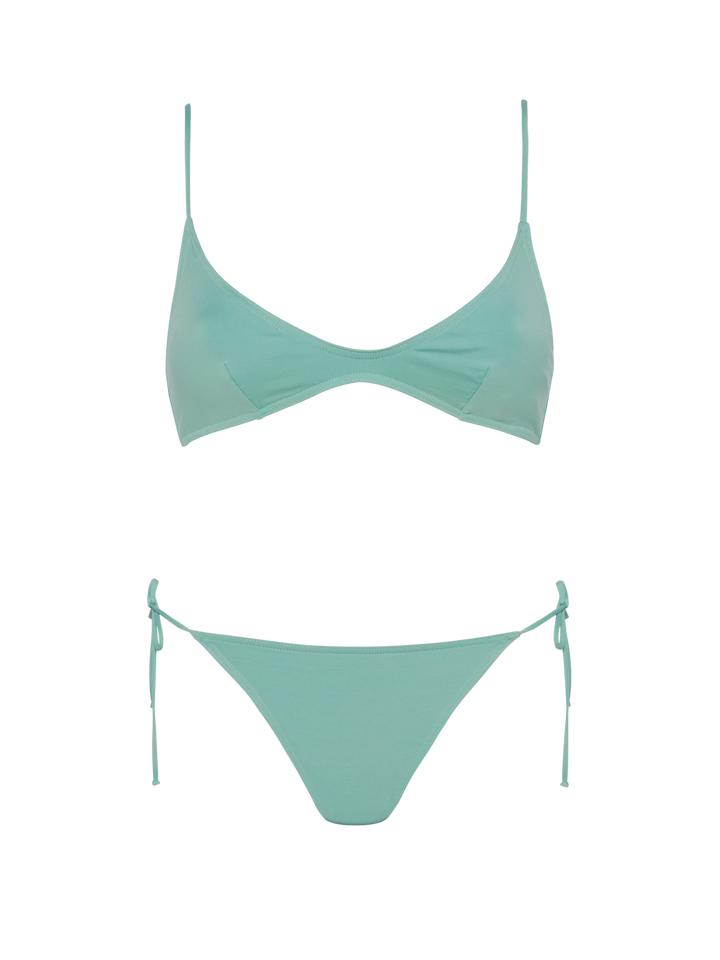 Klassische Badehose „Marielle“ in Salbeigrün – U-Ausschnitt-Bralette „Paloma“ in Salbeigrün