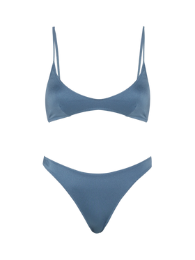 Klassische Badehose „Lido“ in schimmerndem Avioblau – U-Bralette „Paloma“ in schimmerndem Avioblau