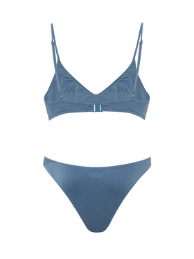 Klassische Badehose „Lido“ in schimmerndem Avioblau – U-Bralette „Paloma“ in schimmerndem Avioblau