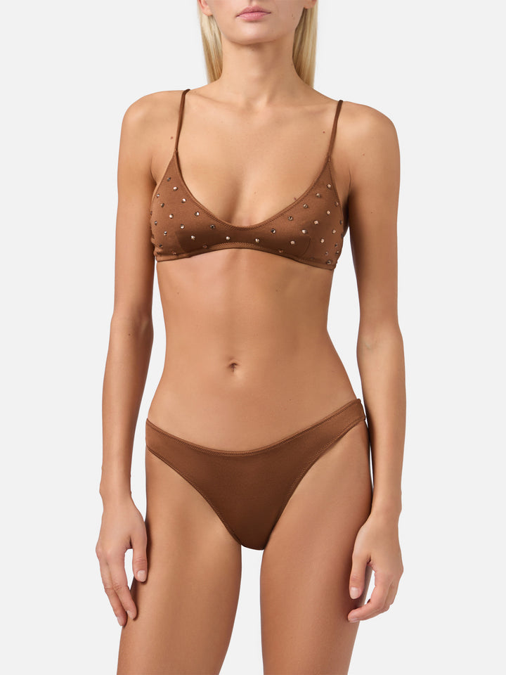 Bikini bralette scollata Paloma Naomi color marrone con applicazioni di strass