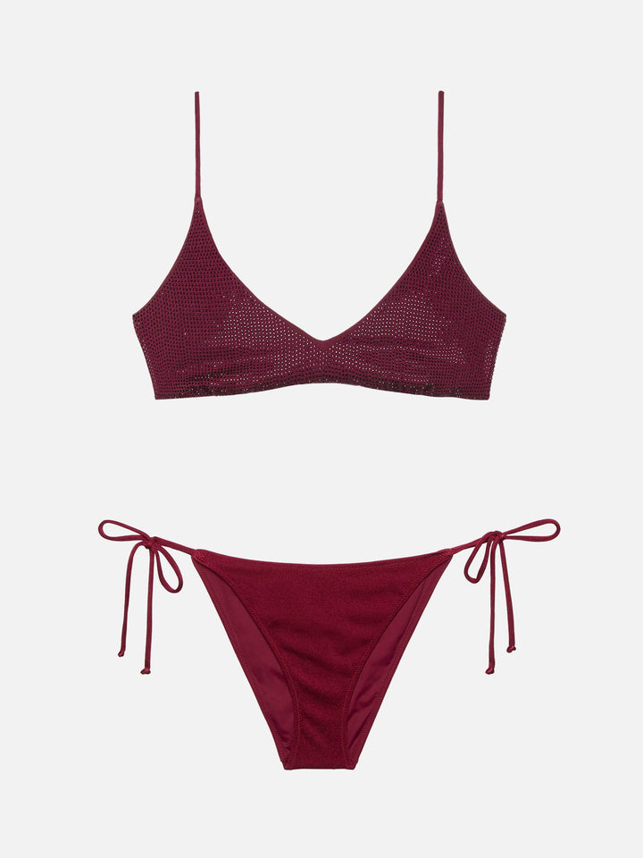 Virgo burgundy classic swim briefs with rhinestone embellishment                                                       - Paloma burgundy scoop bralette with rhinestone embellishment