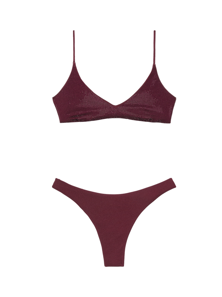 Naomi burgundy cheeky swim briefs with rhinestone embellishment - Paloma burgundy scoop bralette with rhinestone embellishment - MC2 Saint Barth
