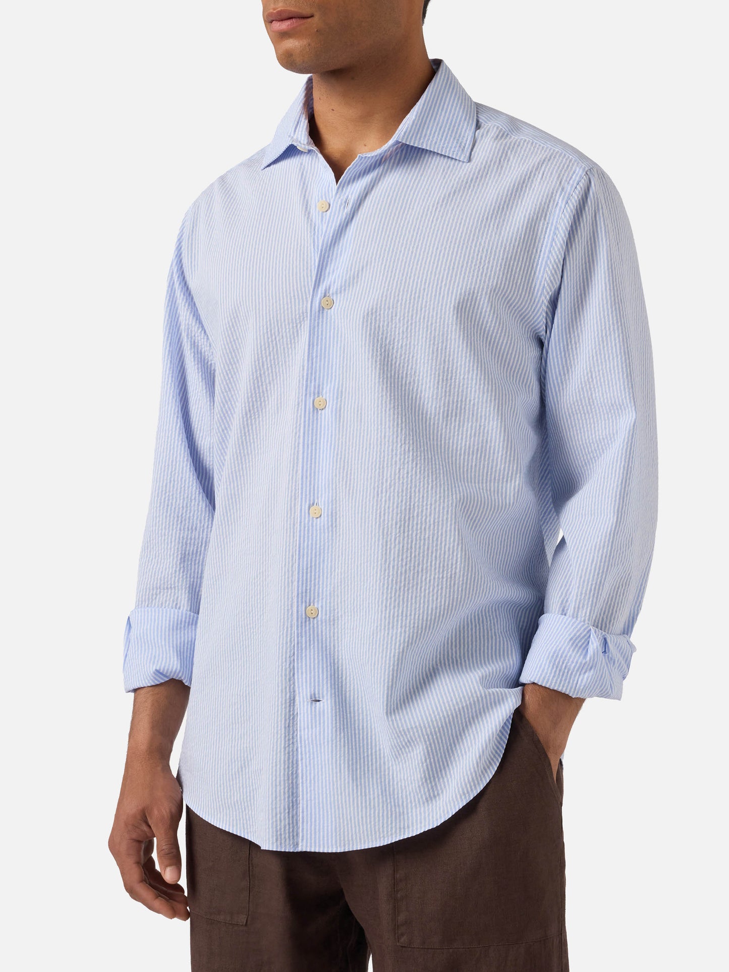 Light blue striped Pamplona shirt in seersucker