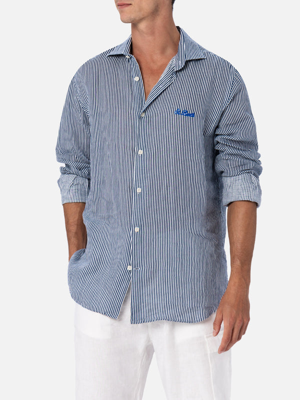 Camicia da uomo in lino rigato blu navy Pamplona