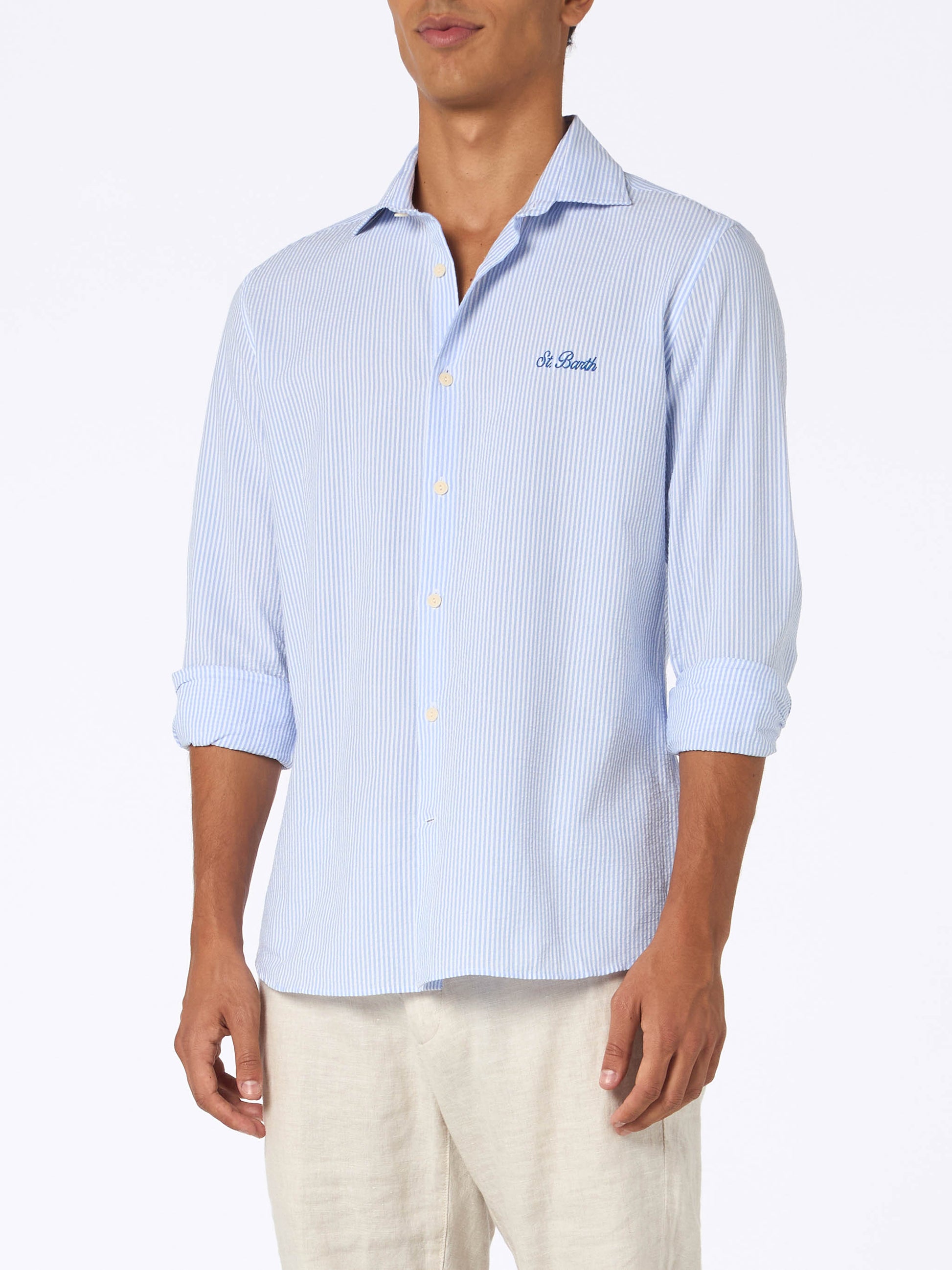 Man seersucker cotton shirt Pamplona with light blue stripes - MC2 Saint Barth