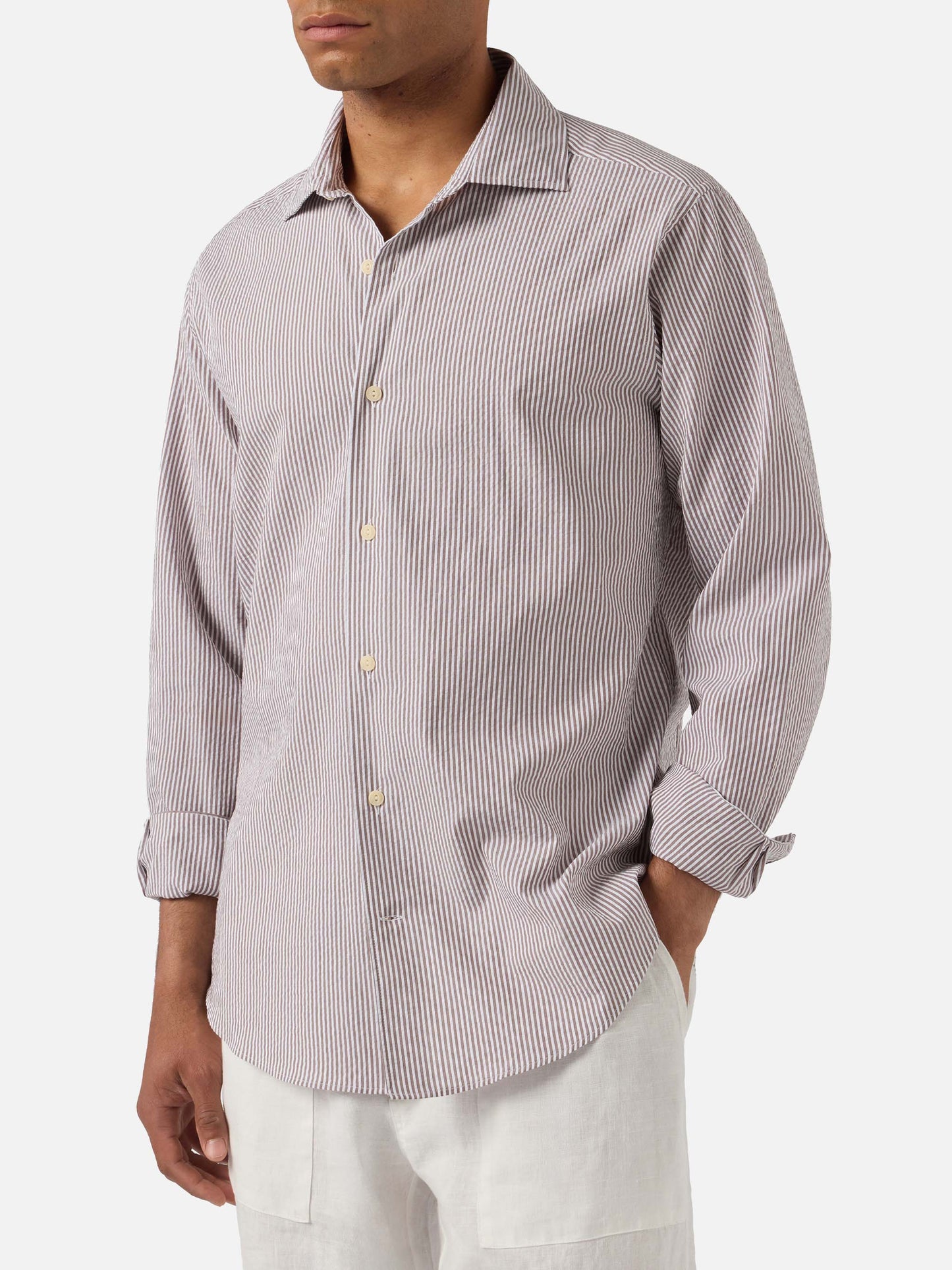Brown striped Pamplona shirt in seersucker