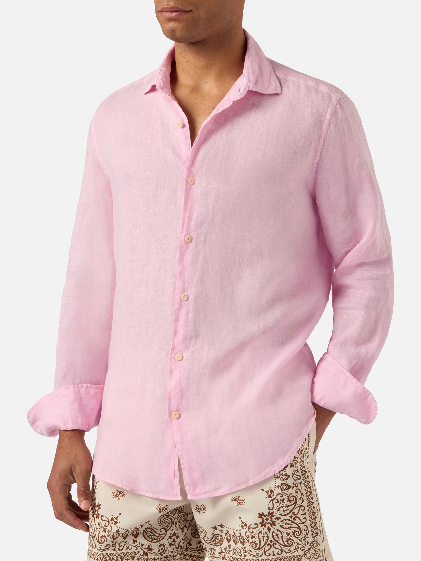 Camicia Pamplona in lino rosa tinta unita