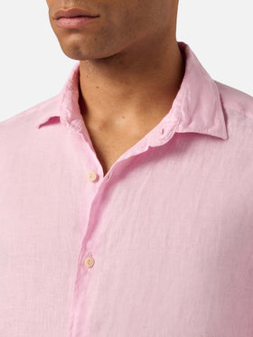 Camicia Pamplona in lino rosa tinta unita