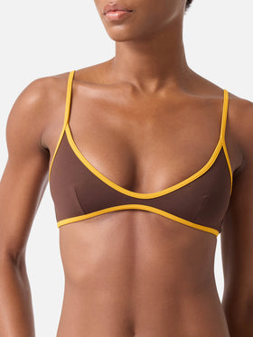 Brauner Panamy String-Bikini mit gelben Kontrastabschlüssen 