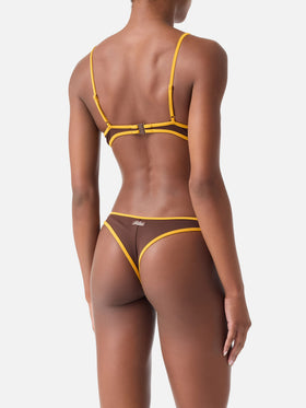 Brauner Panamy String-Bikini mit gelben Kontrastabschlüssen 