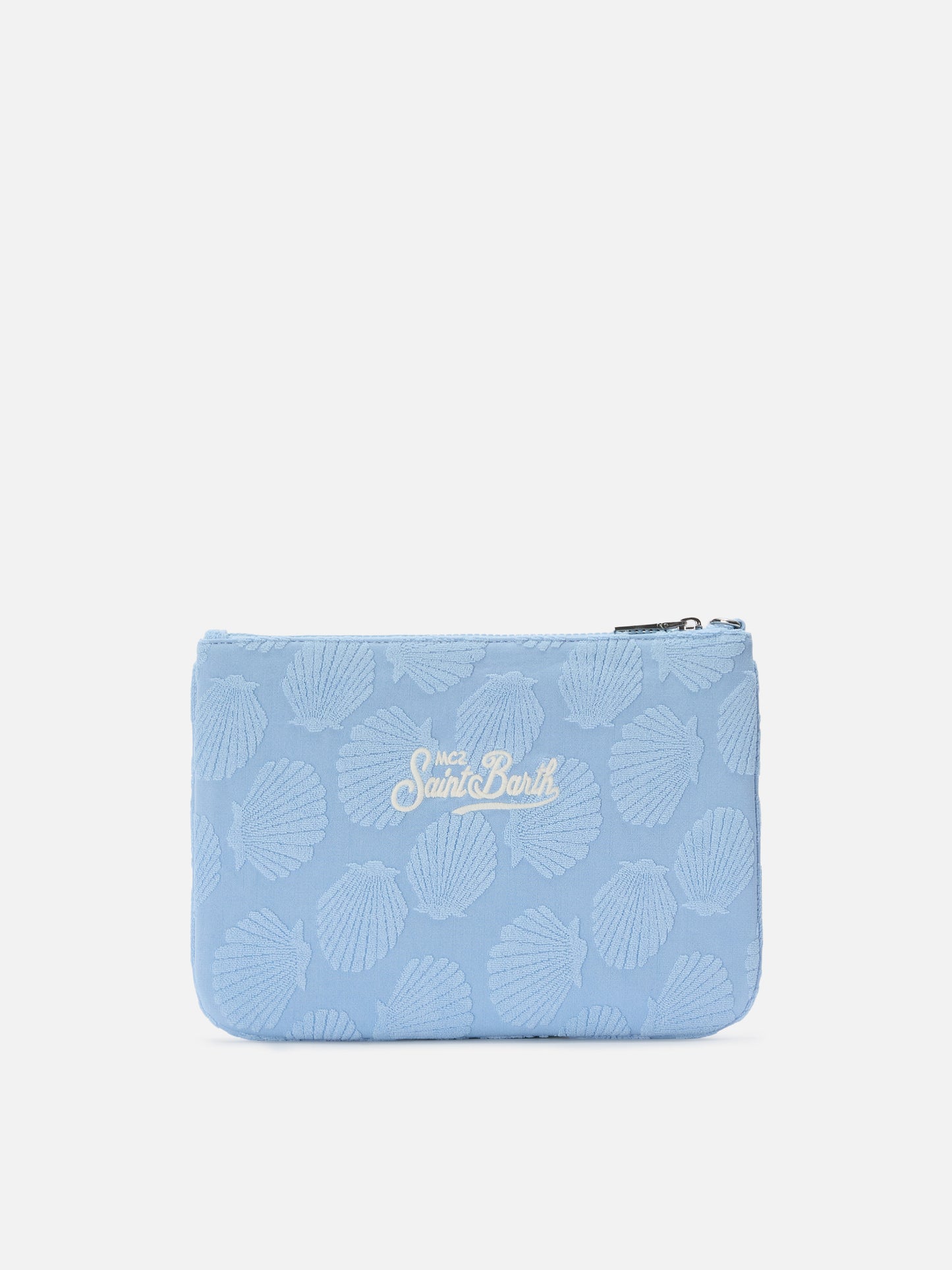 Parisienne Sponge terry-effect pouch with embossed shell pattern and removable strap