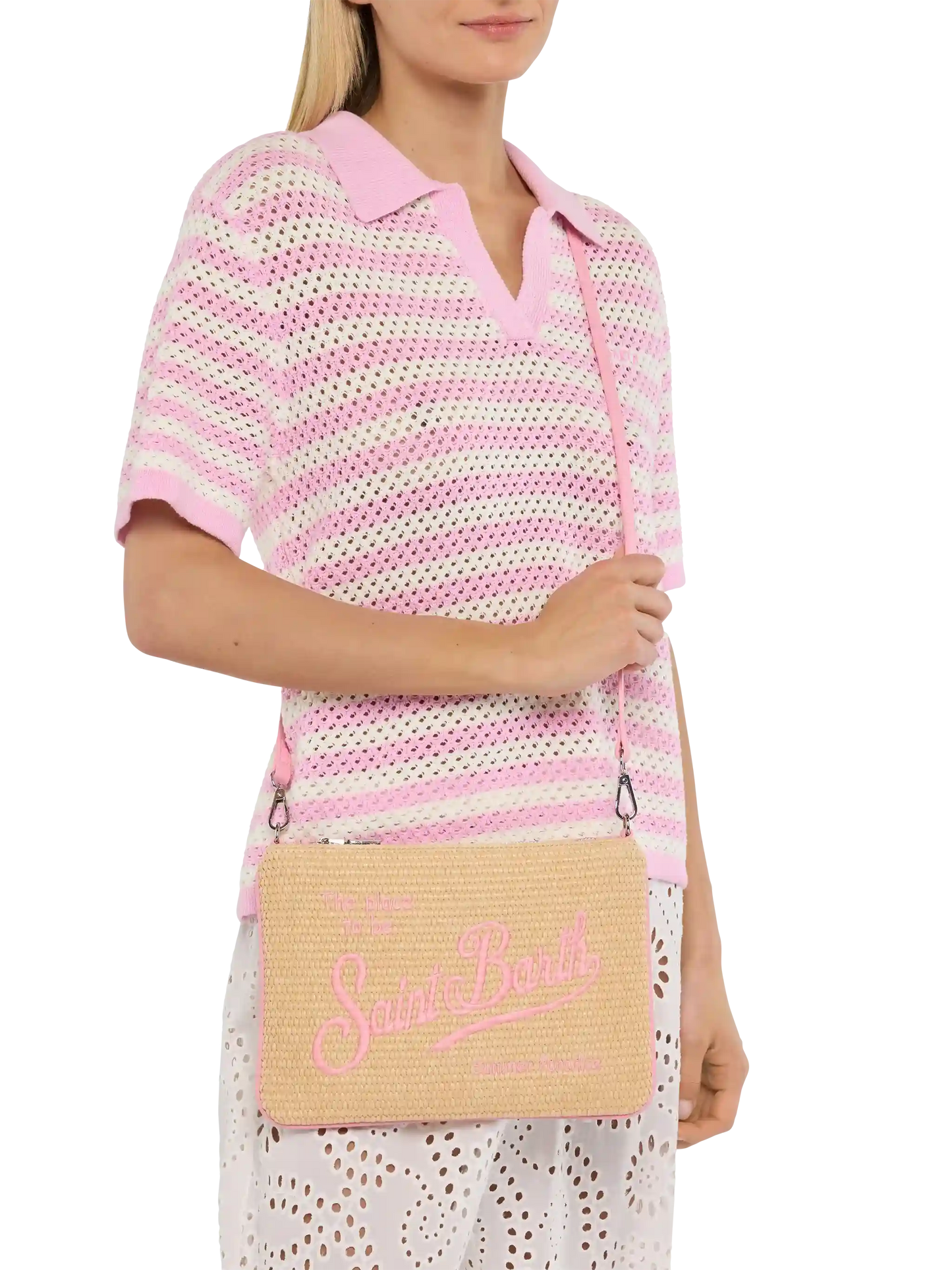 Parisienne – Beuteltasche in Strohoptik mit rosa Details