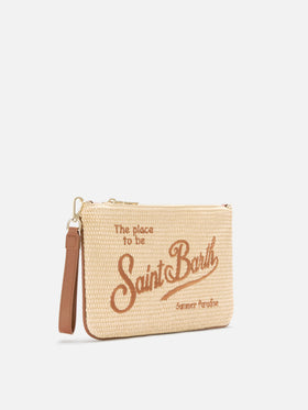 Parisienne solid color pouch with embroidered brown logo and removable strap