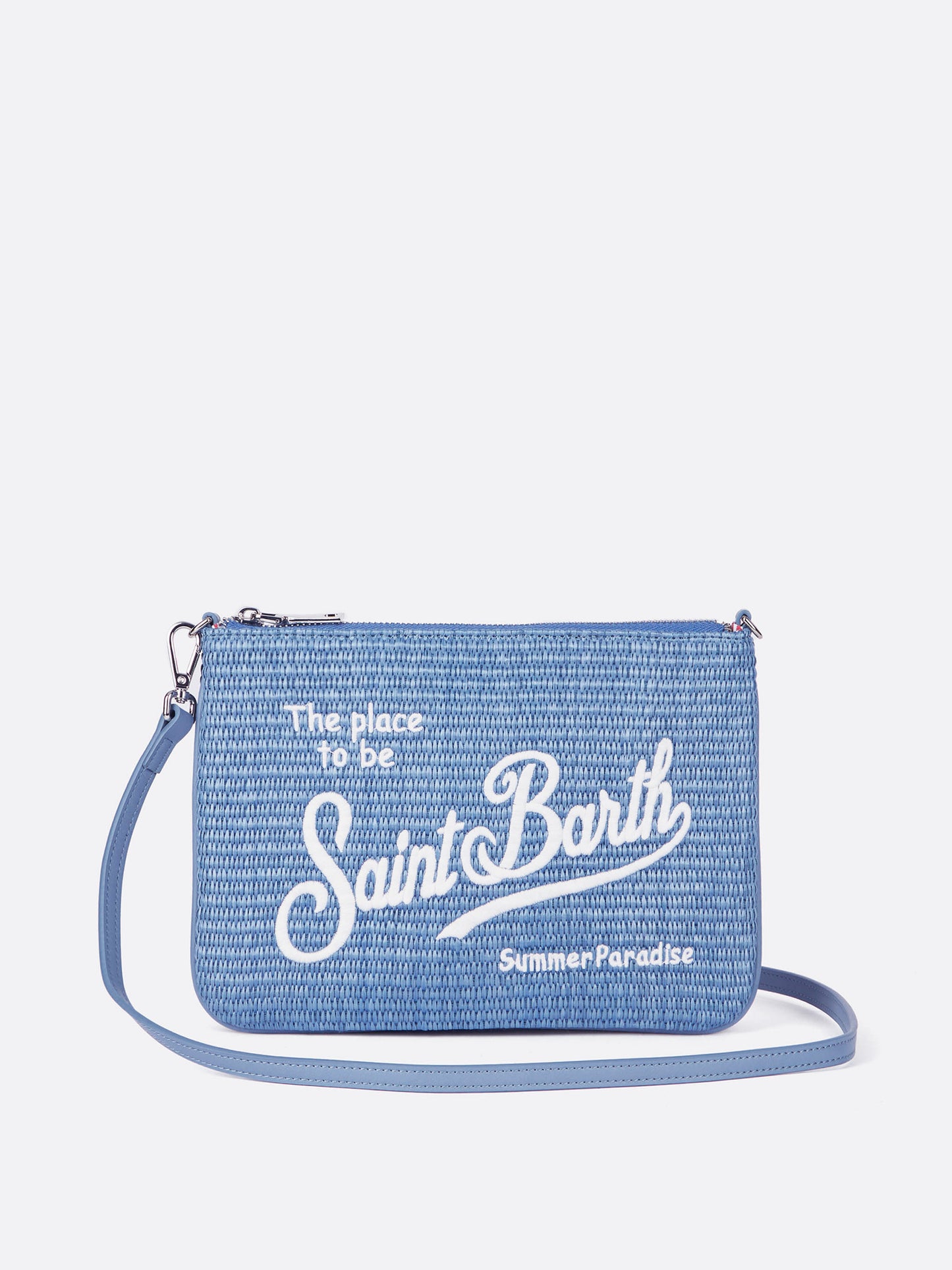 Parisienne pouch effetto paglia in azzurro con logo ricamato e tracolla removibile