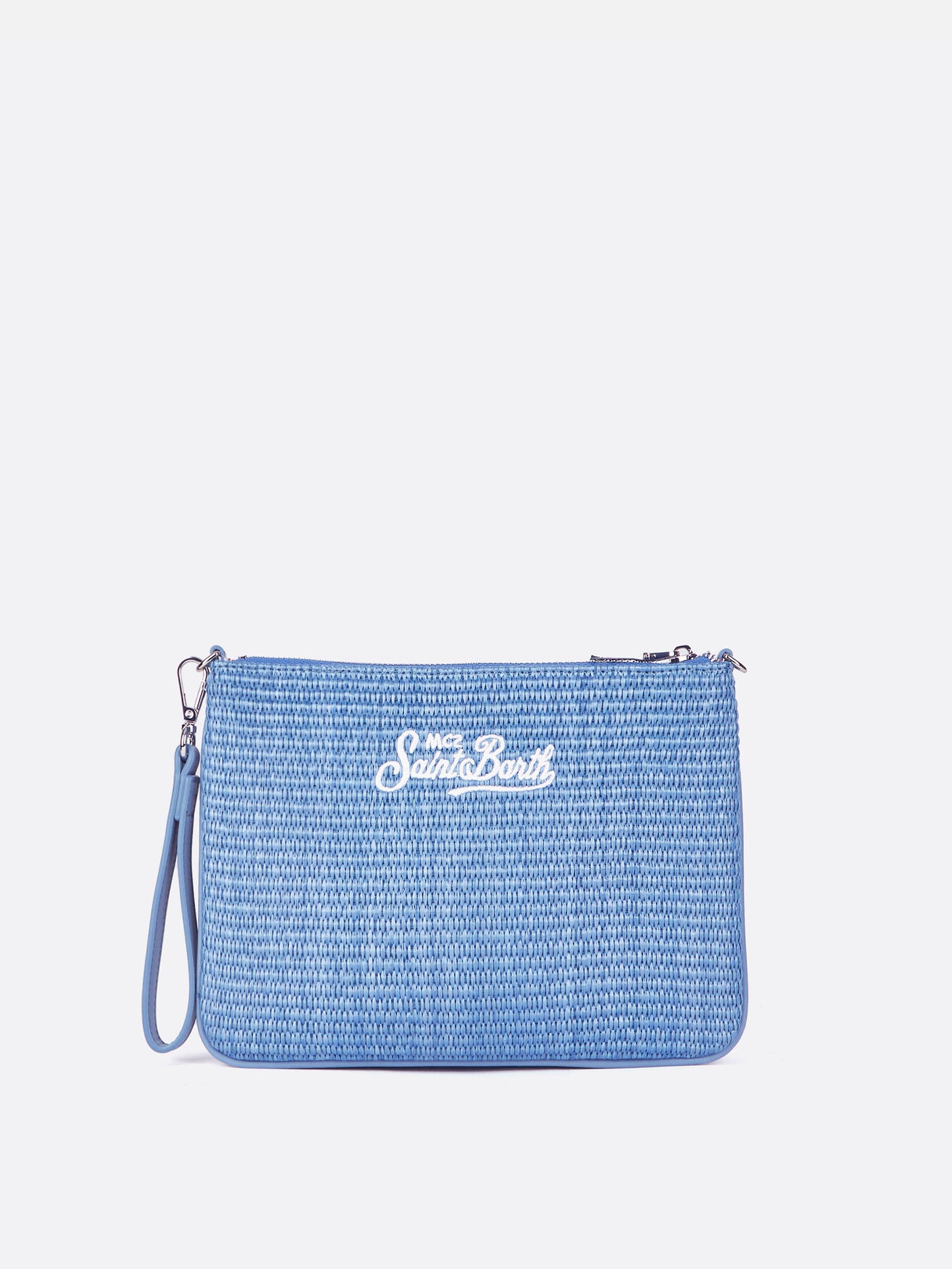 Parisienne pouch effetto paglia in azzurro con logo ricamato e tracolla removibile