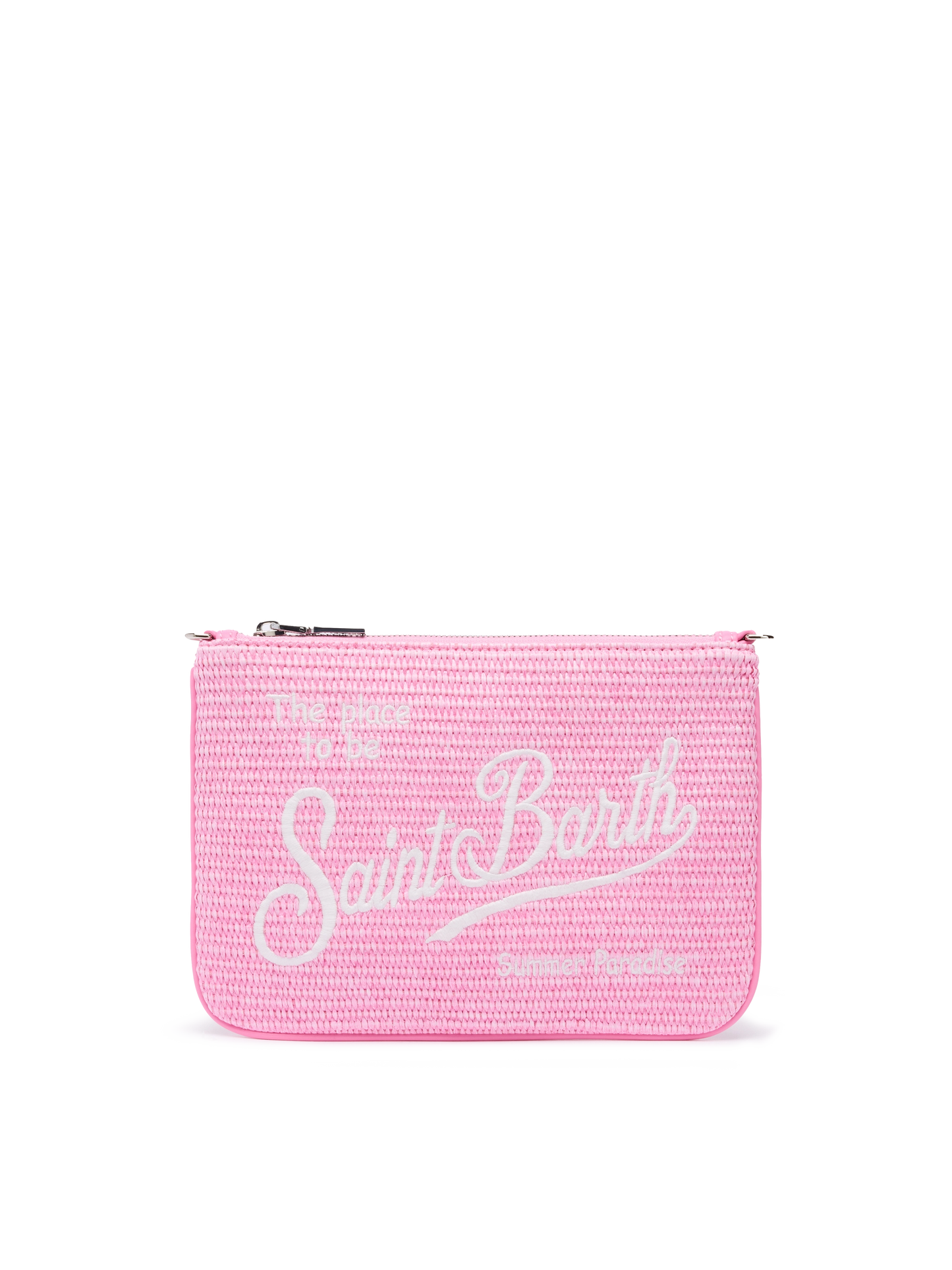 Parisienne-Stroheffekt pouch in Rosa mit gesticktem Logo und abnehmbarem Riemen 