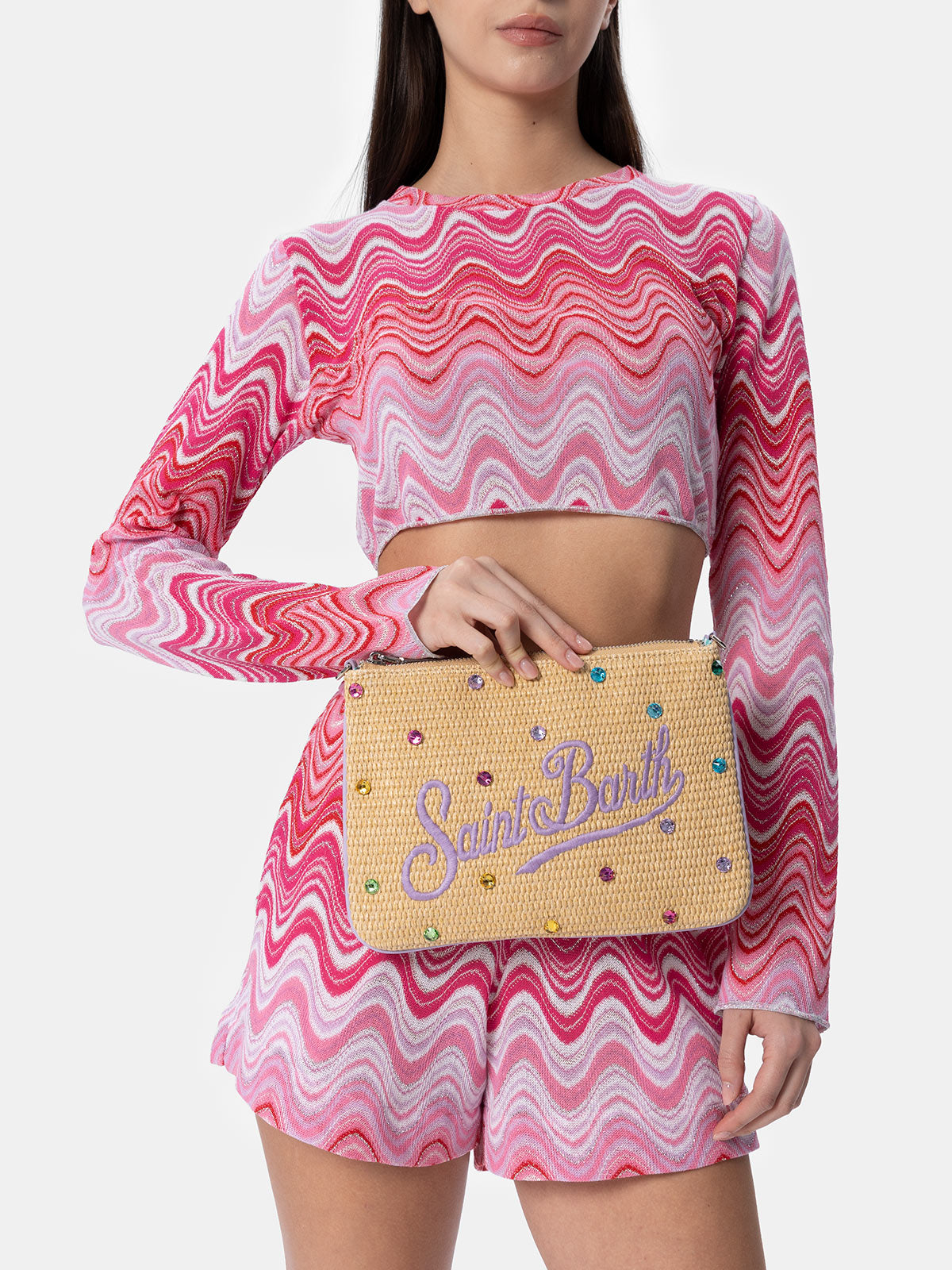 Parisienne Straw pouch bag with rhinestones embellishment