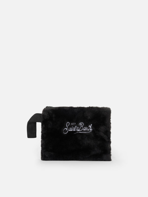 Black furry pochette Pareasy with Saint Barth embroidery