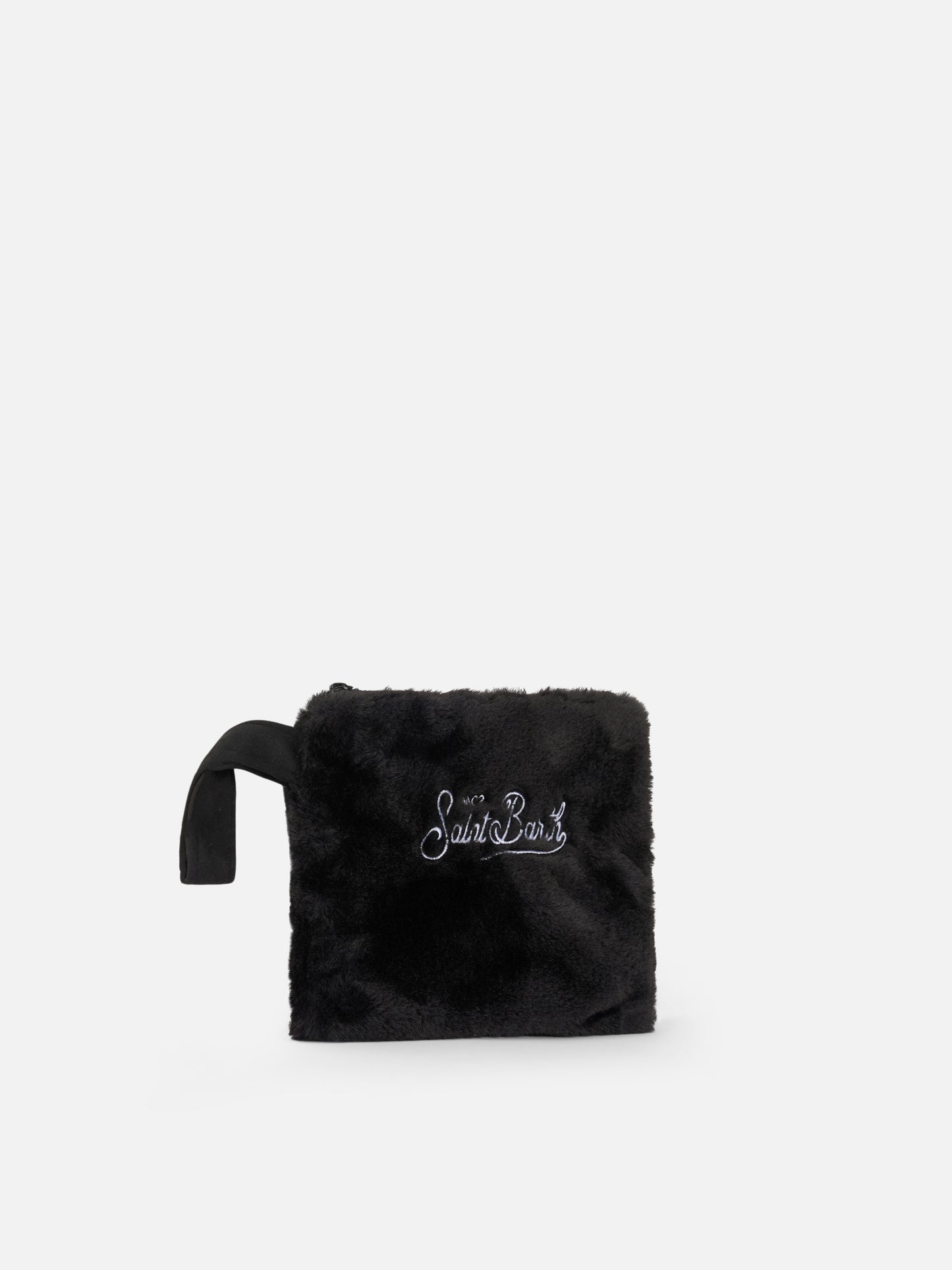 Black furry pochette Pareasy with Saint Barth embroidery