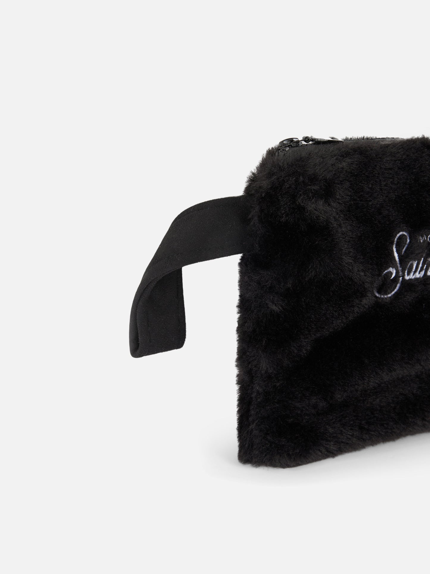 Black furry pochette Pareasy with Saint Barth embroidery