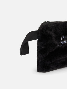 Black furry pochette Pareasy with Saint Barth embroidery