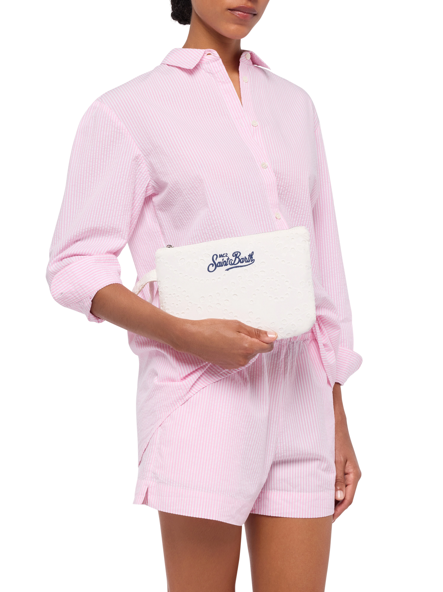 Weiße Pareasy-Pochette aus Sangallo-Spitze mit aufgesticktem Saint Barth-Logo