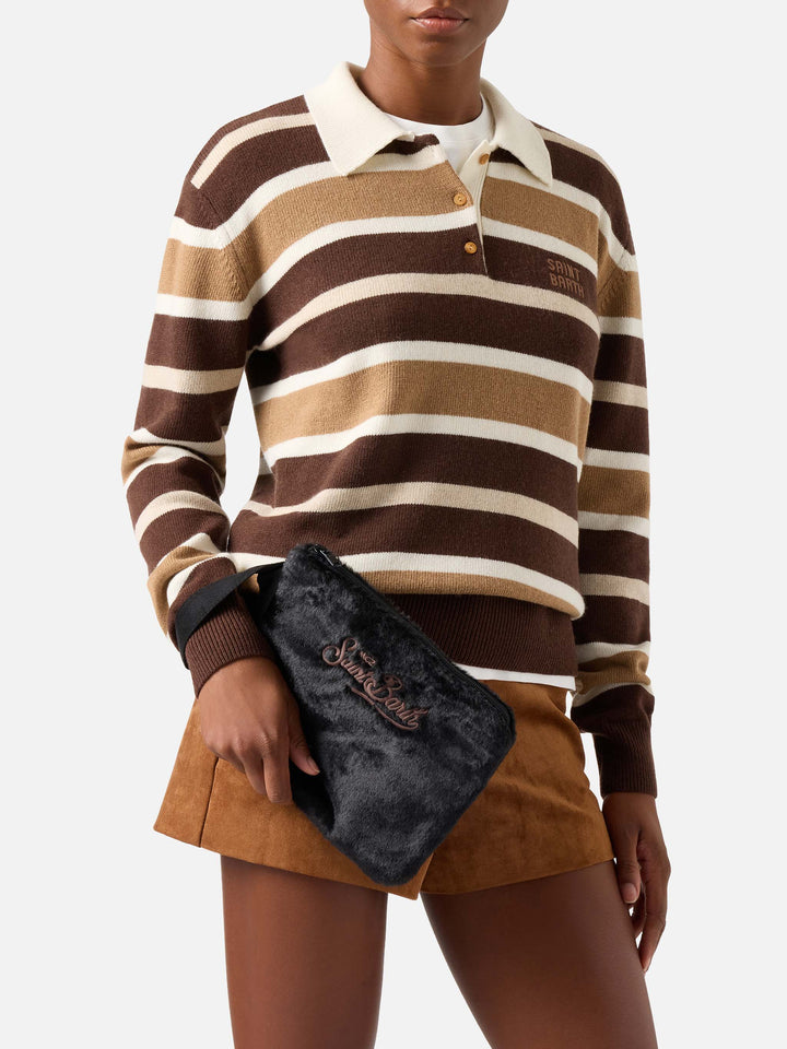Black Pareasy faux fur pochette with logo embroidery