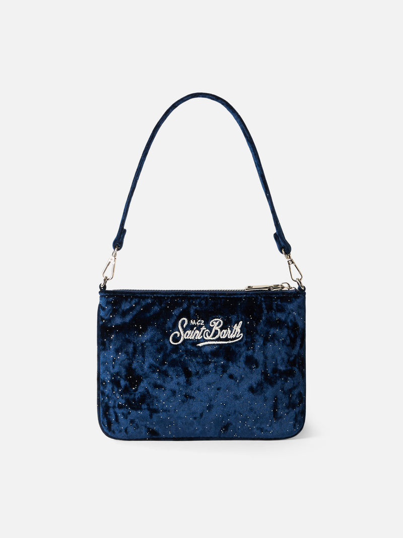 Navy blue velvet pouch Parisienne with handle