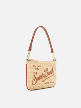 Pouch Mini Parisienne effetto paglia con logo ricamato marrone