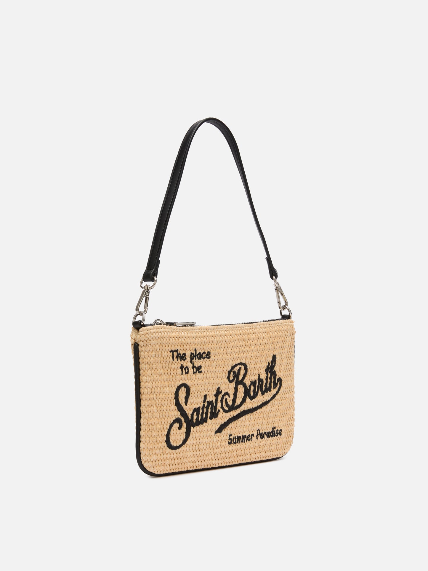 Beigefarbene Mini-Beuteltasche aus Parisienne-Stroh