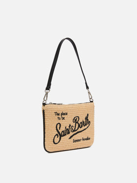 Beigefarbene Mini-Beuteltasche aus Parisienne-Stroh